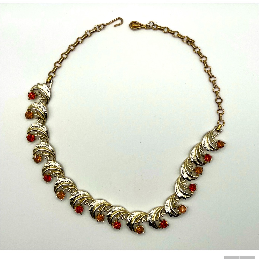 Vintage Coro Gold Tone Leaves with Orange & Amber Rhinestone Necklace / Choker